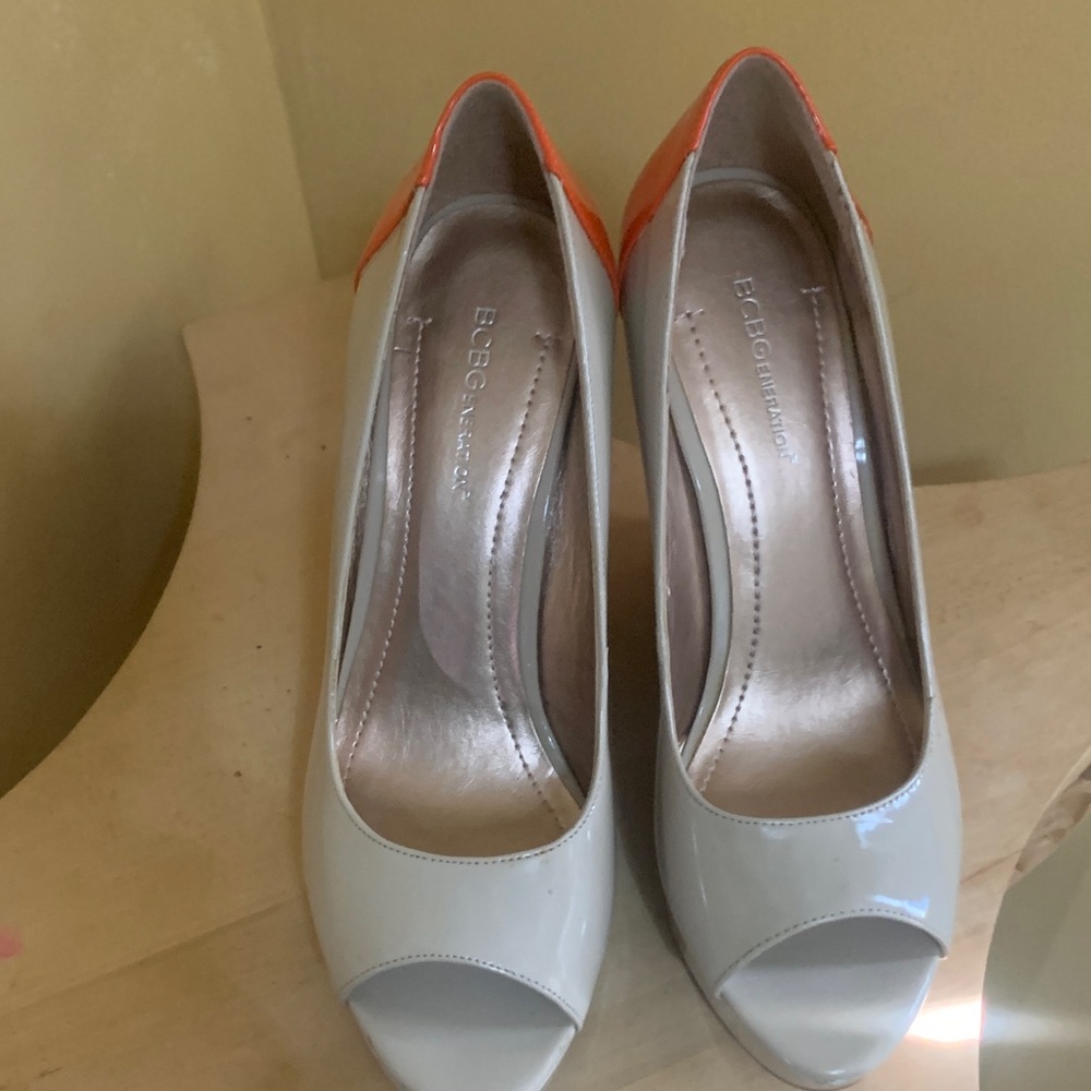 BCBGMaxAzria Cream and Orange Peep Toe Heels
